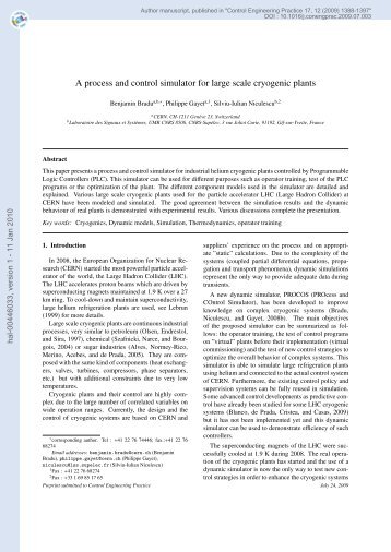 A process and control simulator for large scale cryogenic plants