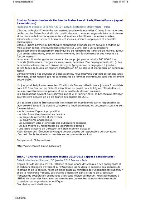 Bulletin num. 19 du 16-12-2009 - Institut des Amériques