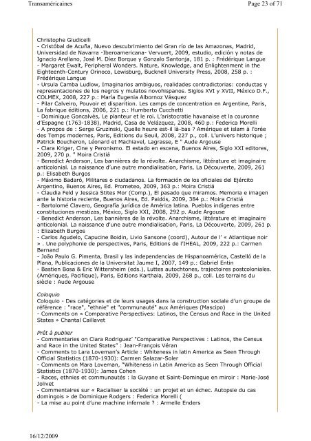 Bulletin num. 19 du 16-12-2009 - Institut des Amériques