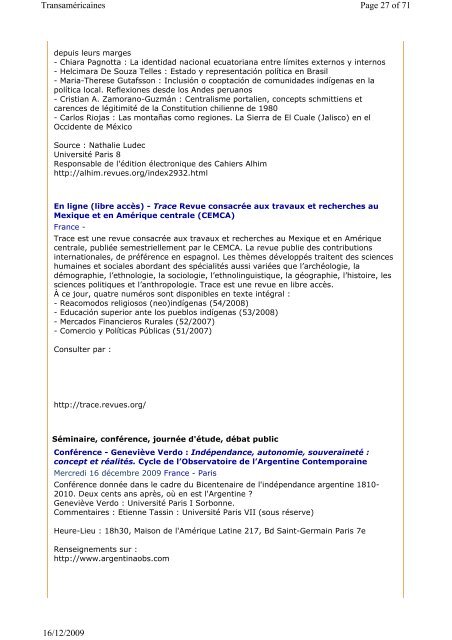 Bulletin num. 19 du 16-12-2009 - Institut des Amériques