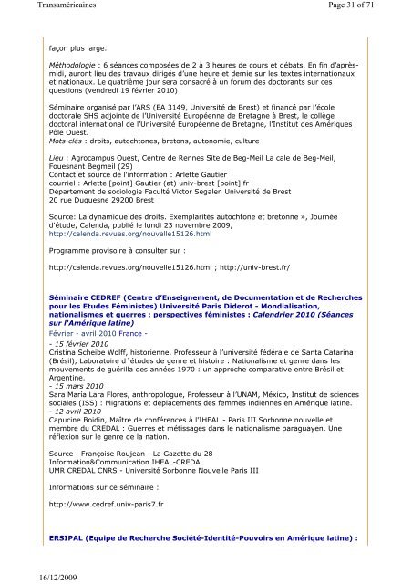 Bulletin num. 19 du 16-12-2009 - Institut des Amériques