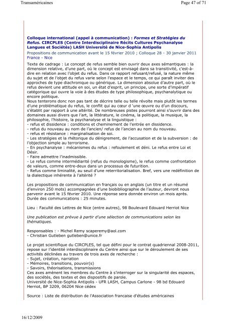 Bulletin num. 19 du 16-12-2009 - Institut des Amériques