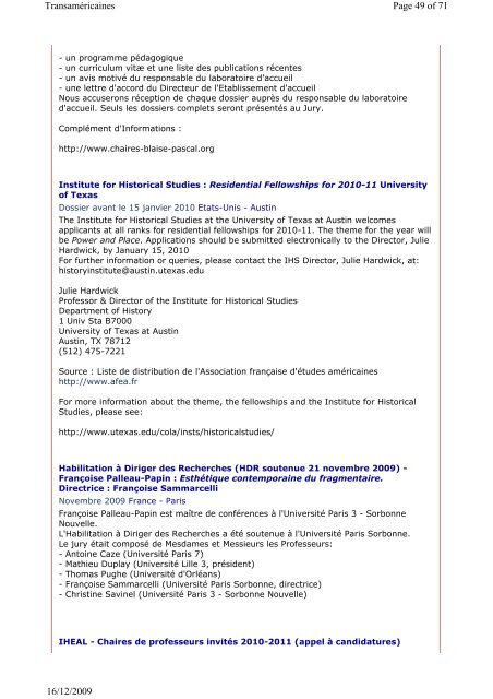 Bulletin num. 19 du 16-12-2009 - Institut des Amériques