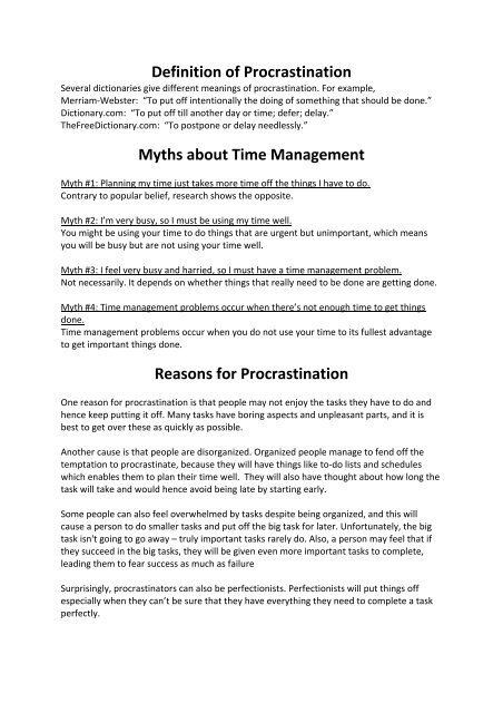 Definition of Procrastination Myths about Time Management ... - Sites