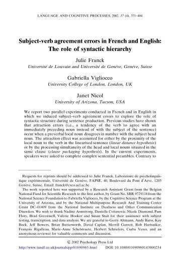 Subject-verb agreement errors in French and English: The role of ...