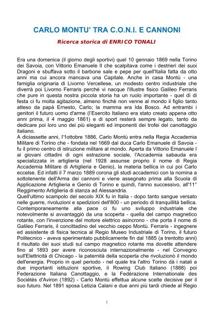 CARLO MONTU' TRA C.O.N.I. E CANNONI - Prima Pagina