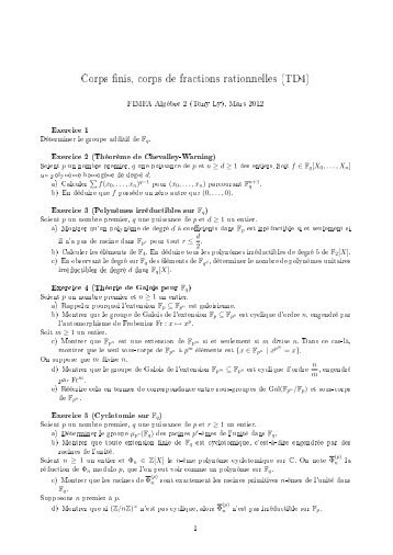 Corps finis, corps de fractions rationnelles (TD4)