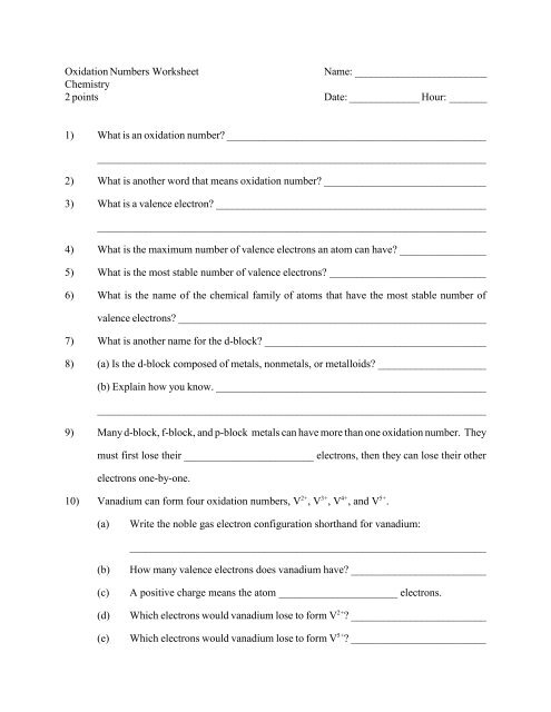 Oxidation Numbers Worksheet Name