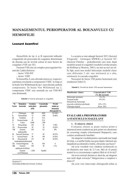 Managementul perioperator al pacientului cu hemofilie