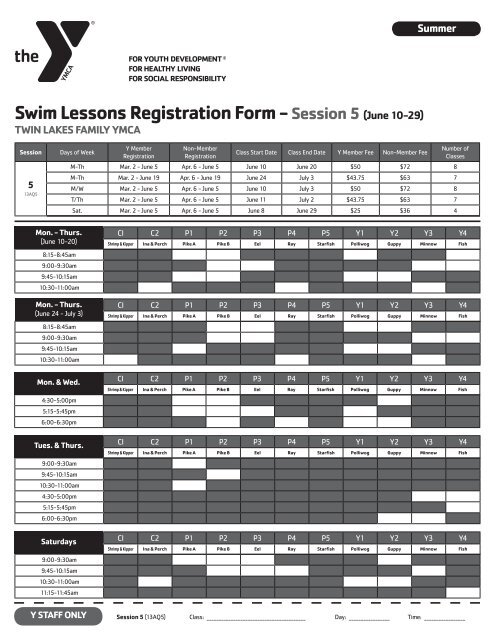 Swim Lessons Registration Form - Session 5(June 10-29) - YMCA of ...