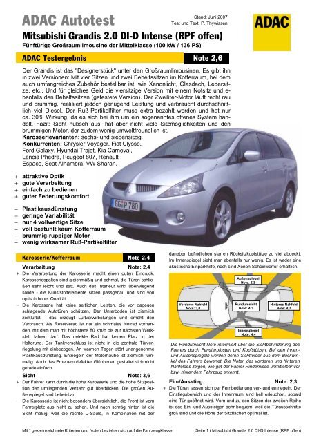 Umfassender Test Mitsubishi Grandis 2.0 DI-D Intense (RPF ... - ADAC