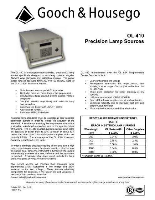 OL 410 Precision Lamp Sources (Bulletin 143) - Gooch and Housego