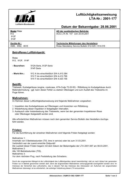 LufttÃƒÂ¼chtigkeitsanweisung LTA-Nr.: 2001-177 Datum der Bekanntgabe
