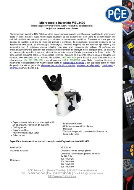 Hoja de datos del microscopio invertido MBL3400 - PCE Ibérica