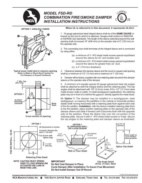 model fsd-rd combination fire/smoke damper installation instructions
