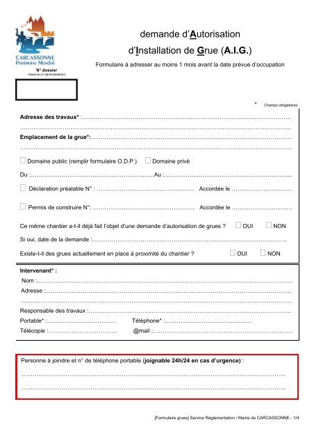 demande d'Autorisation d'Installation de Grue (A.I.G.) - Carcassonne