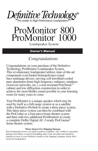 Definitive Technology Promonitor1000white Use And Care Manual