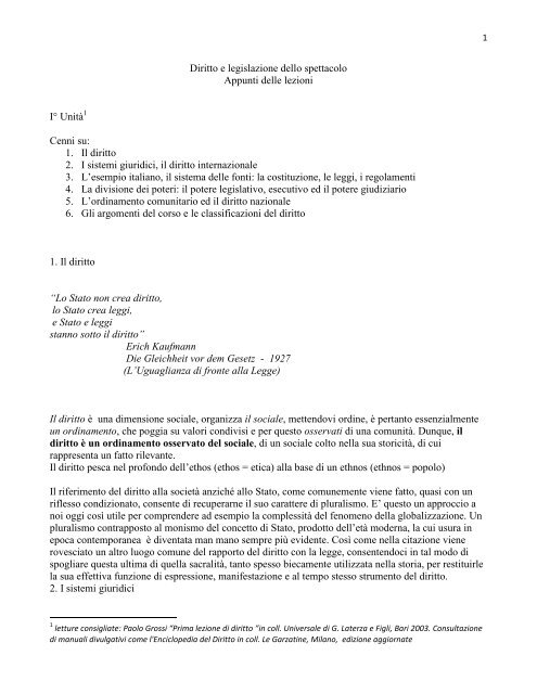 Diritto e legislazione dello spettacolo Appunti ... - Lettere e Filosofia
