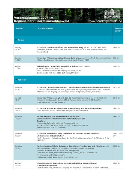 Datum Veranstaltung Beginn/ Dauer Januar Februar - Saarkohlenwald