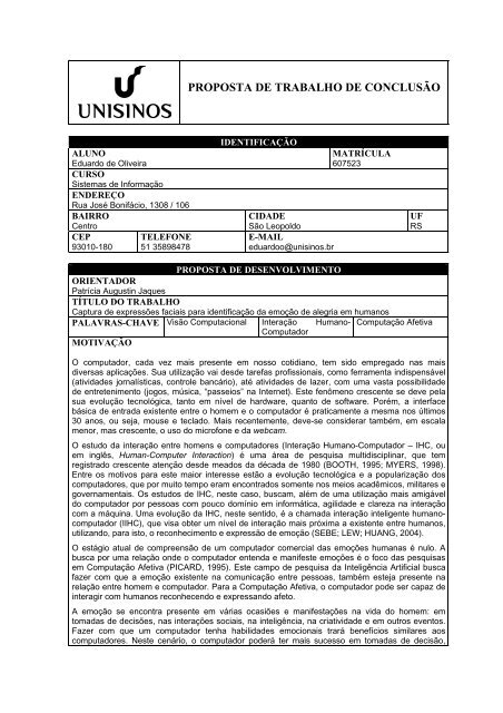 PROPOSTA DE TRABALHO DE CONCLUSÃO - Unisinos