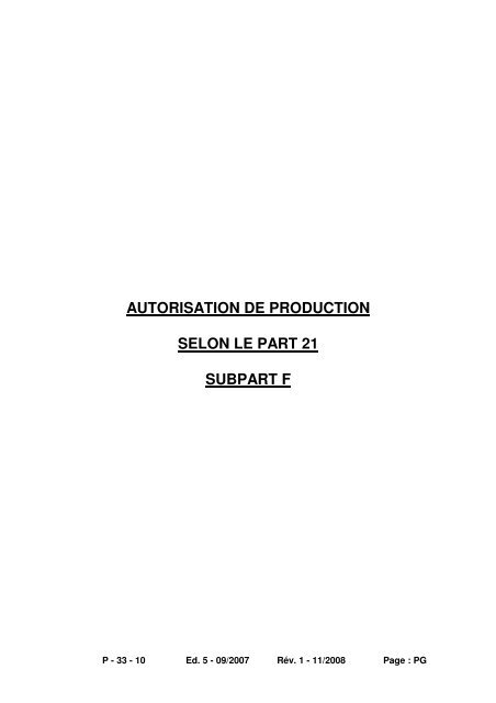 AUTORISATION DE PRODUCTION SELON LE PART 21 SUBPART F
