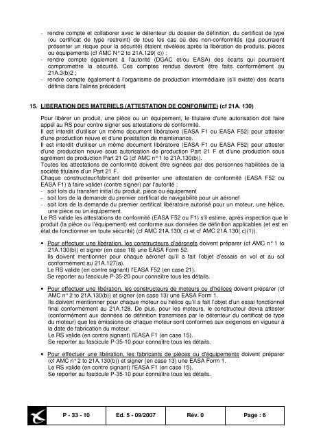 AUTORISATION DE PRODUCTION SELON LE PART 21 SUBPART F