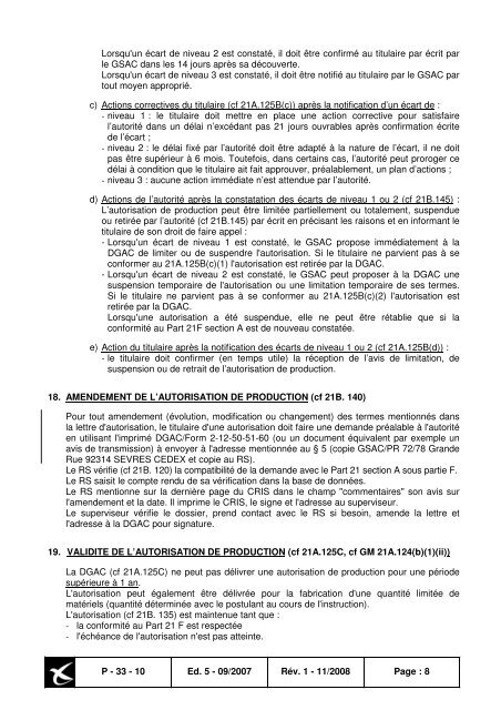 AUTORISATION DE PRODUCTION SELON LE PART 21 SUBPART F