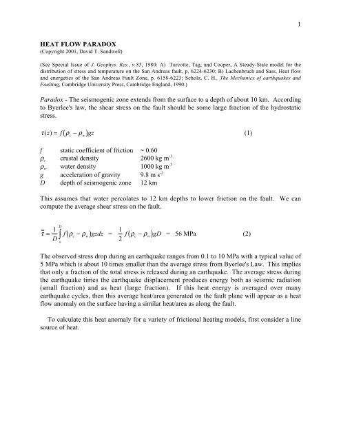 1 HEAT FLOW PARADOX Paradox - The seismogenic zone extends ...