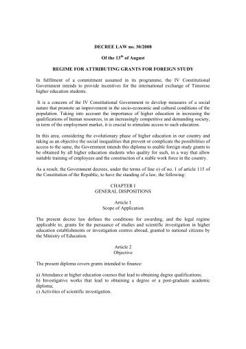 DECREE LAW no. 30/2008 Of the 13 of August REGIME FOR ...