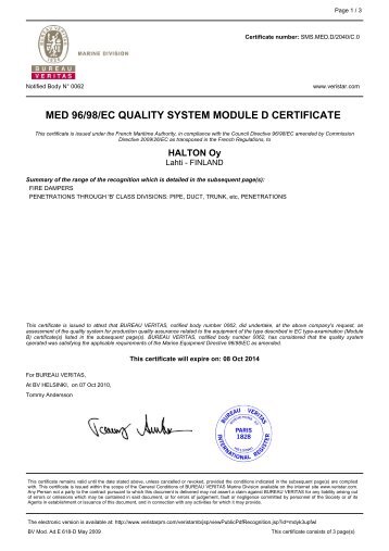 MED 96/98/EC QUALITY SYSTEM MODULE D CERTIFICATE - Halton