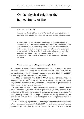 On the physical origin of the homochirality of life - Academia Europaea