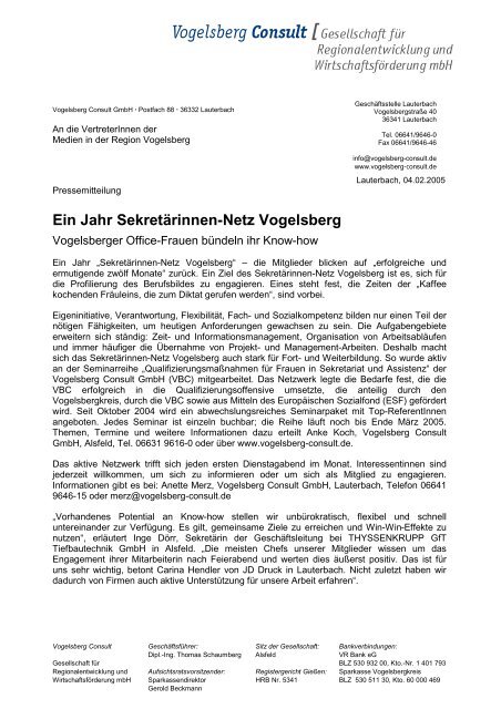 Ein Jahr SekretÃ¤rinnen-Netz Vogelsberg - Vogelsberg Consult