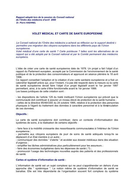 VOLET MEDICAL ET CARTE DE SANTE EUROPEENNE - Conseil ...