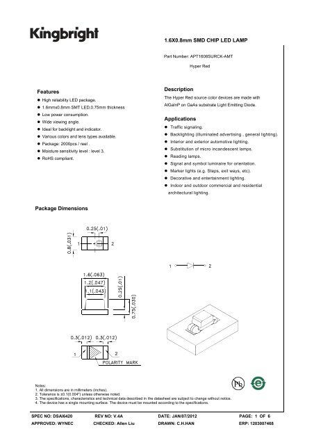 1.6X0.8mm SMD CHIP LED LAMP Package Dimensions Features ...