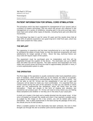 Spinal Cord Stimulation - Mr Paul D'Urso