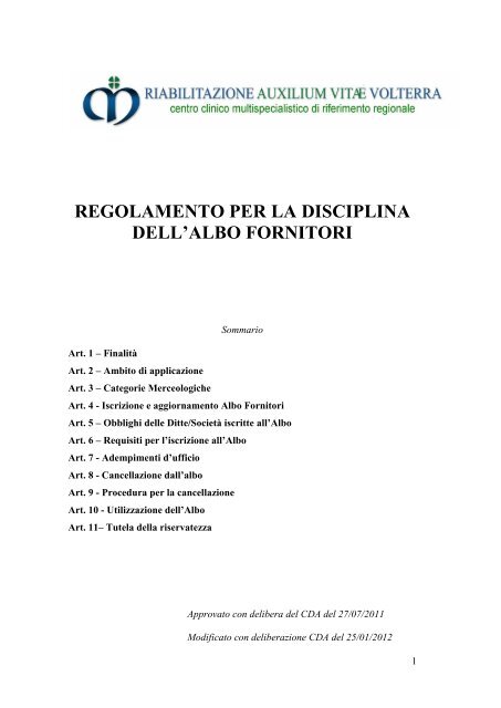 Regolamento per la disciplina albo fornitori - MEMO :: SoftHrod