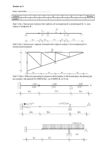PrzykÅadowe zadania na egzamin z mechaniki budowli w sem. IV w ...