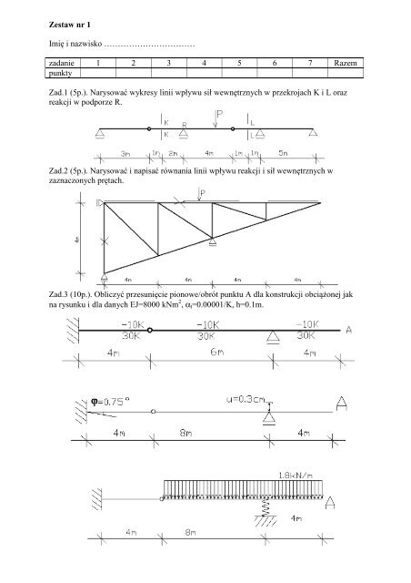PrzykÅadowe zadania na egzamin z mechaniki budowli w sem. IV w ...