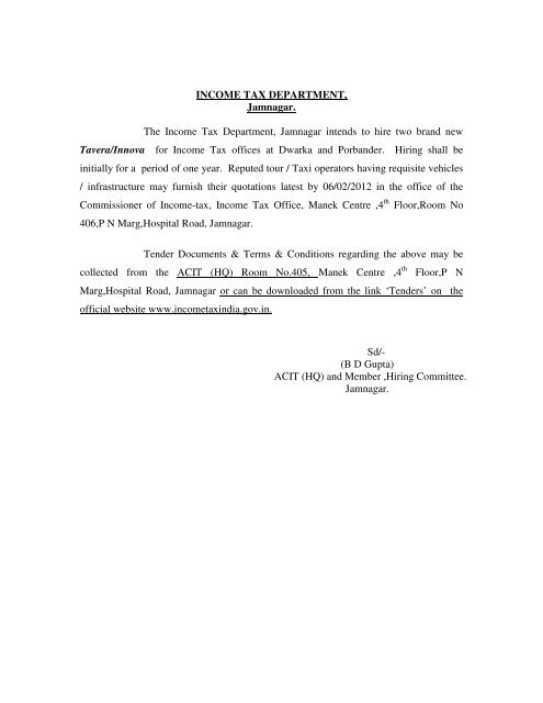 INCOME TAX DEPARTMENT, Jamnagar. The Income Tax ...