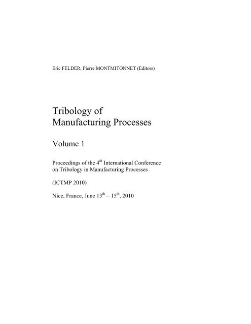 Tribology of Manufacturing Processes - Presses des Mines