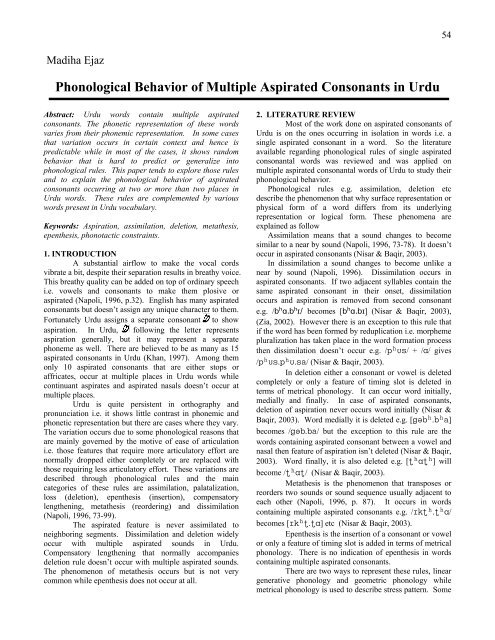 Phonological Behavior of Multiple Aspirated Consonants in Urdu