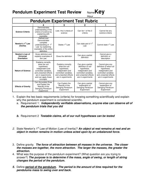 Pendulum Test Review Key