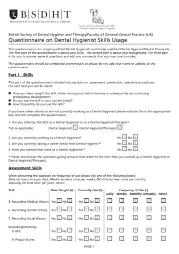 Questionnaire on Dental Hygienist Skills Usage - British Society of ...