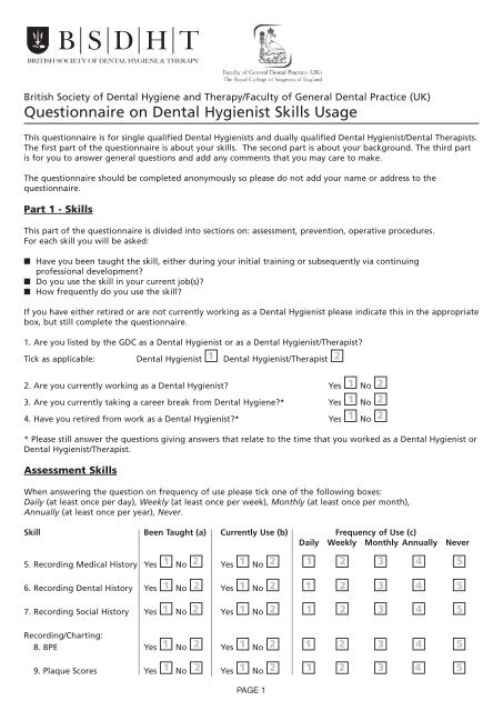 Questionnaire on Dental Hygienist Skills Usage - British Society of ...