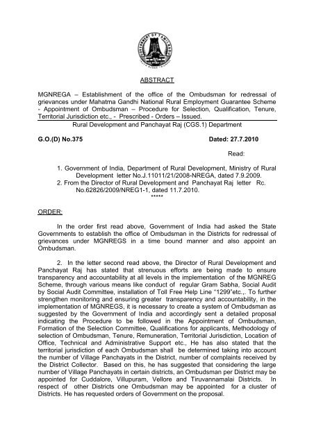 ABSTRACT MGNREGA â Establishment of the office of ... - Tnrd.gov.in