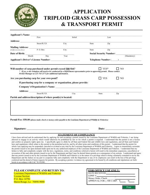 Triploid Grass Carp Possession and Transport Permit App