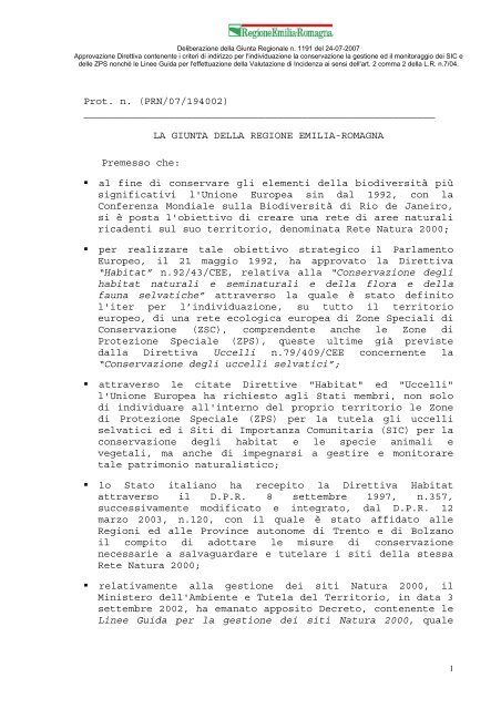 Deliberazione di Giunta Regionale n. 1191 del 24 luglio 2007