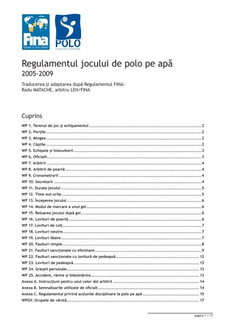 Regulament FINA 2005 - 2009 - Federaţia Română de Polo