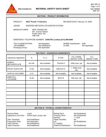 Sika Pronto 11 Sub-Zero MSDS-February 2009 - Northland ...