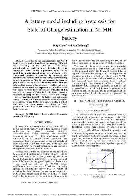 A battery model including hysteresis for State-of-Charge estimation ...